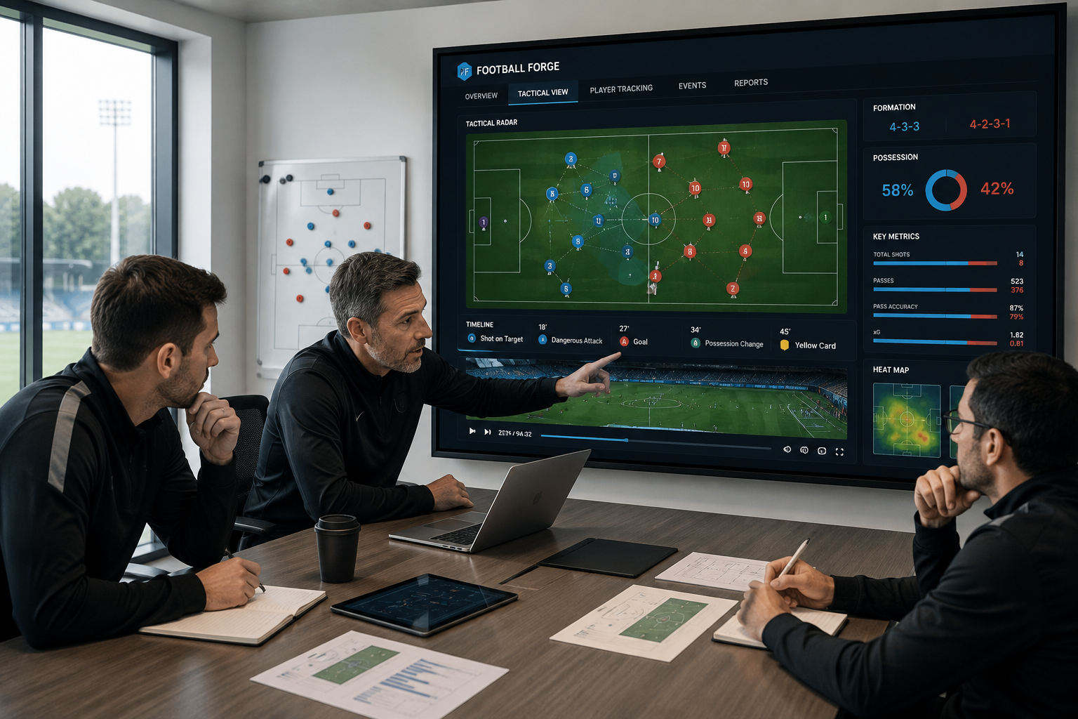 회의실 화면에 띄운 Football Forge 전술 뷰를 검토하는 코칭스태프 — 포메이션 레이더, 점유율 분포, 주요 지표, 히트맵