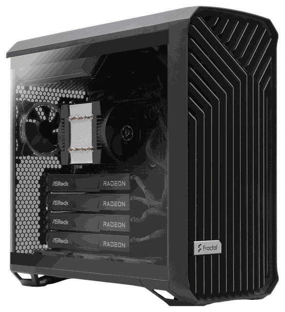 4-GPU AI 워크스테이션 — ASRock Radeon GPU 4장을 장착한 타워 구성